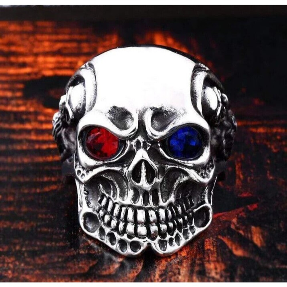 BIKER Silver SKULL with Red RUBY Blue EYES Ring Size 11